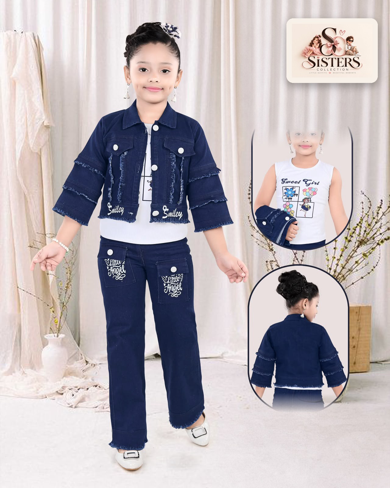 Frayed Denim Jacket Set — Navy