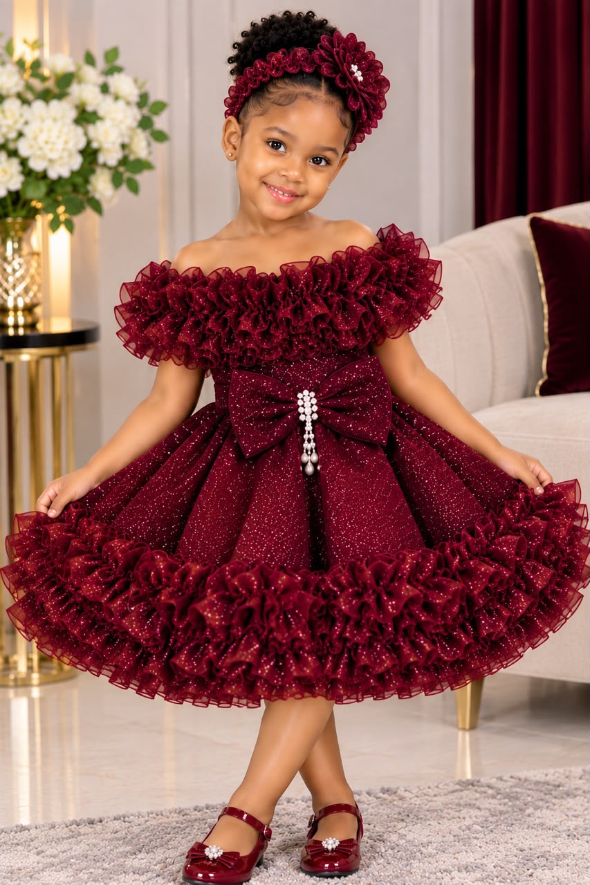 Sparkle Ruffle Dress — Burgundy