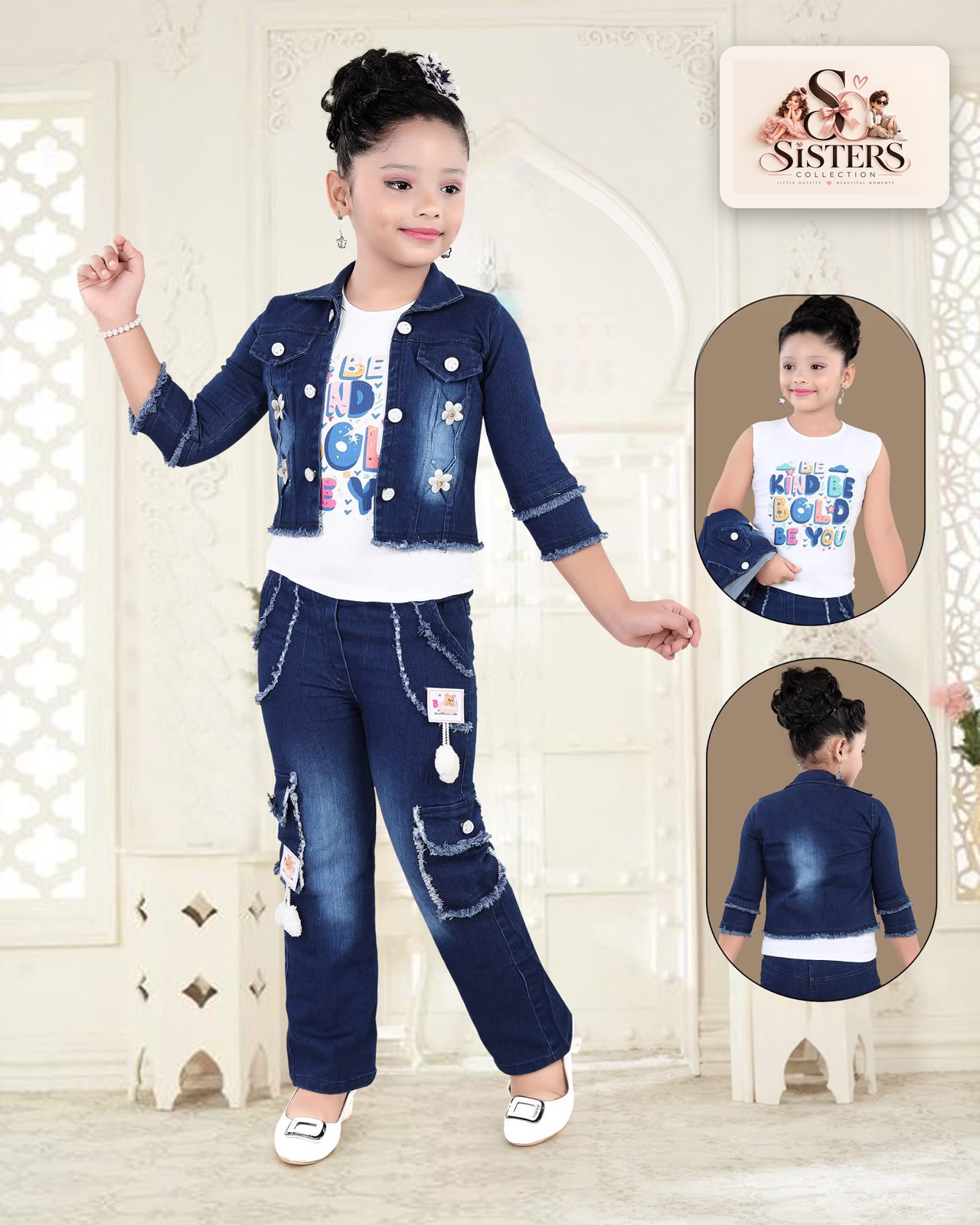 Appliqué Denim Cargo Set — Dark Wash