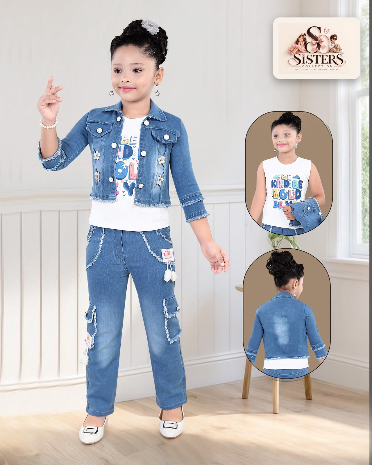 Appliqué Denim Cargo Set — Light Wash